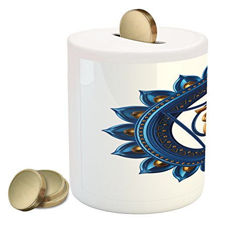 Chakra Piggy Bank by Ambesonne, Vintage Style Power Sign Graphic Sacred Center of Vital Energy Cosmos Yoga Meditation, Printed Ceramic Coin Bank Money Box for Cash Saving, Blue Gold - Thumbnail 4