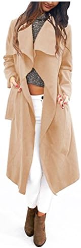QINGYUAN Women's Wollen Coat Belt Long Outwear Winter Autumn Trech Khakki XL