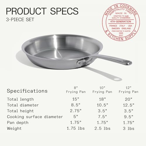 Made In Cookware - 3-Piece (Includes 8",10",12") Stainless Frying Pan Set - 5 Ply Stainless Clad - Professional Cookware - Made in Italy - Induction Compatible