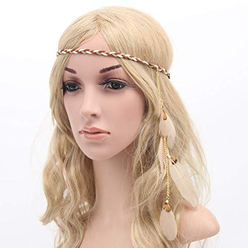 Feather Headband Hippie Indian Boho Hair Bands Tassel Bohemian Halloween Hair Hoop Women Girls Crown Hairband Party Decoration Headdress Cosplay Costume Headwear Headpiece Hair Accessories Khaki