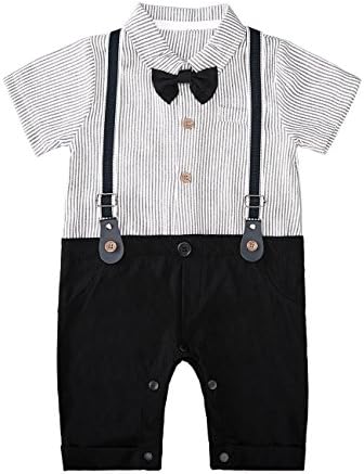 HMD Baby Boy Blue Stripe Shirt Bowtie Tuxedo Onesie Jumpsuit Romper