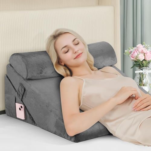 Bed Wedge Pillow Set, Adjustable Wedge Pillow Headboard (3Pcs Grey)