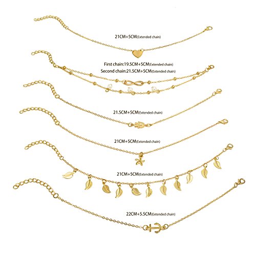 Suyi 6Pcs Adjustable Beads Charm Anklet Chains for Women Girl Sexy Slim Beach Foot Chains Jewelry Set Gold