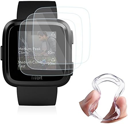 Ultra Slim Soft Full Cover Case for Fitbit Versa, TPU Case for Fitbit Versa Smart Watch, 3 Pack 0.2mm 9H Anti-Bubble Tempered Glass Film (1pcs Watch Case with 3pcs Tempered Film)