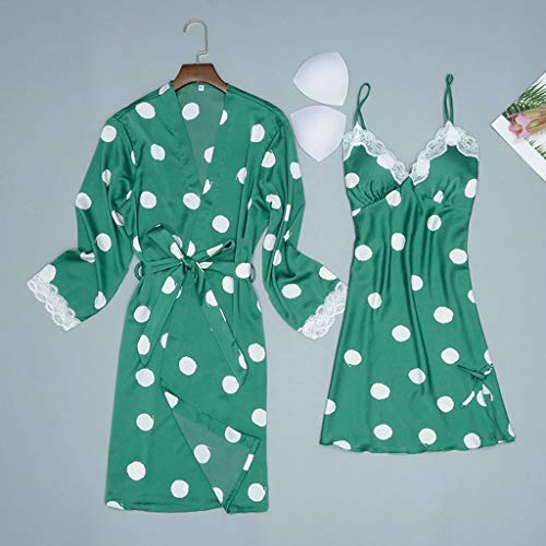 Atezch Women's Sexy Deep V Neck Satin Fashion Dot Print Sling Dress Pajamas Sleepwear Sling Robe Long Sleeve Set (Green, XL)
