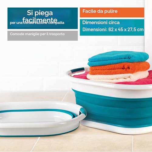 Beldray LA034816TQ Foldable Oval Basket - with Durable Plastic Handles, 37L Capacity, Turquoise, Lightweight, Space Saving Solution, Laundry Basket, Foldable Laundry Basin