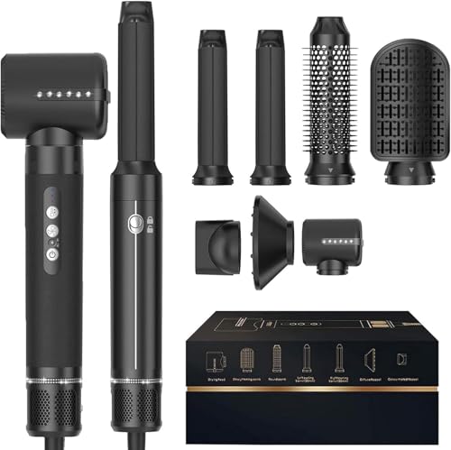 7 in 1 Hair Dryer Brush, Hot Air Brush 110000 RPM High Speed Hair Dryer with Detachable Hair Styling Tools, Ionic Hair Dryer, Air Curling Iron, Curling Brush, Hair Straightener Brush (Black)