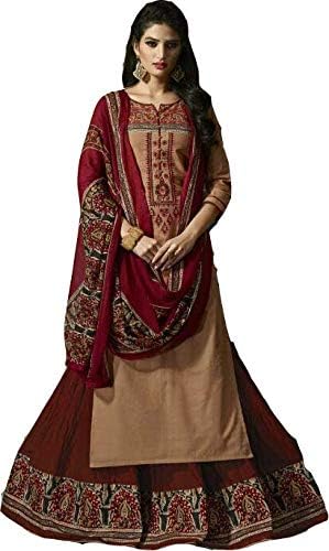 RIWAAYAT TRENDS Indowestern Ceremony wear Festival wear Party wear Ethnic wear Wedding wear dress pure cotton printed semi stitced free size beige brown top with work pure cotton printed crushed readywear mehroon lehanga skirt bottom with beautiful broad border salwar kameez with chiffon printed dupatta- Free size, Brown and Mehroon