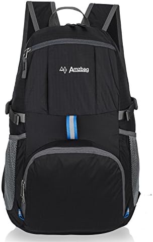 Amzbag Packable Backpack Bag Ultra Lightweight Hiking Daypack Foldable Water-resistant Sport Gym Bag For Hiking / Biking / Camping (Black , 10 Oz, 18L)