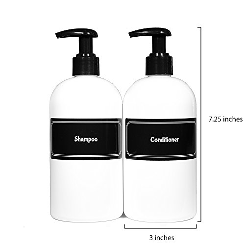 Bottiful Home-16 oz. Refillable Empty Durable Opaque White PET Plastic Shampoo and Conditioner Pump Bottle Set-B&W Pre-Applied Fully Waterproof Labels-100% Rust-FREE, Clog-FREE, Drip-FREE