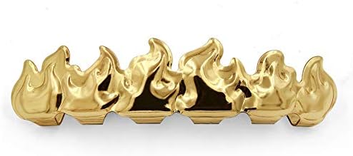Coolest Luxurious Electroplated Hip-Hop Teeth Grillz Sets High Polish Bling Silver Gold Plated Top Bottom (Multi Color Style Optional) Size Fire (Gold-top)