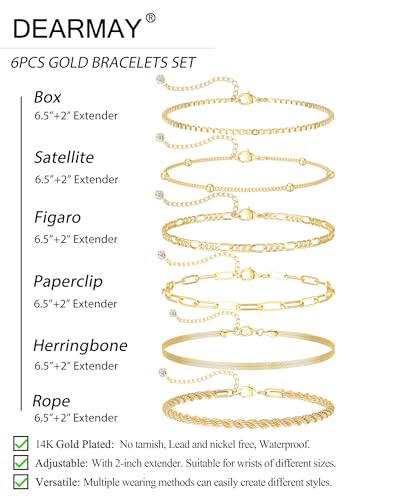 DEARMAY Gold Bracelets for Women Waterproof, 14K Gold Plated Stackable Jewelry Sets Non Tarnish Trendy Thin Dainty Cuban Link Paperclip Chain Bracelet Stack Fashion Accessories Gifts for Womens