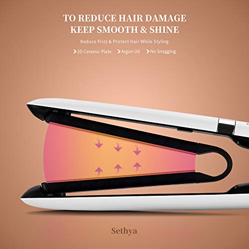 Sethya Flat Iron 1” Hair Straightener Ceramic Suspension Plates Straightener & Curler 2 in 1 Adjustable Temp Dual Voltage Auto-Off Incl Glove, Clips, Mat & Comb
