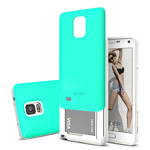 DesignSkin Slider Galaxy Note 4 Case with Sliding Card Slot Extreme Heavy Duty Bumper Protection with Card Holder 3-Layer Wallet Case Cover for Galaxy Note 4 - Mint Blue