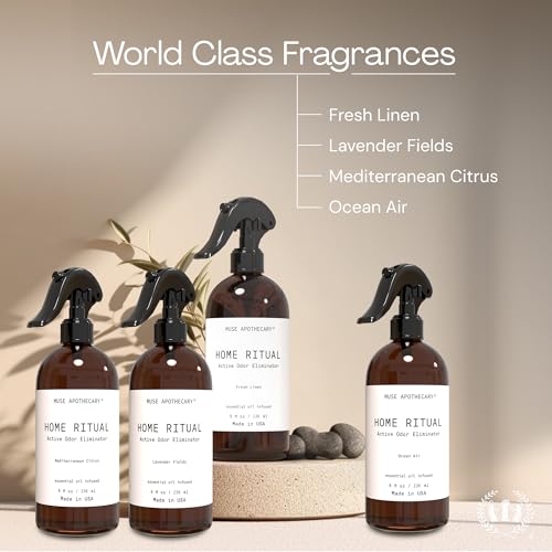 Muse Apothecary Home Ritual Active Odor Eliminator Spray - Furniture Deodorizer Spray & Bathroom Odor Eliminator for Home - Essential Oil Air Freshener - 4oz, Fresh Linen