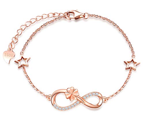 MicLee Woman's girl's Bracelet, 925 Sterling Silver bracelet, Lucky four leaf clover and infinity symbol bracelet, with mini hollow star, Inlaid zircon, adjustable chain, design of flower bracelet