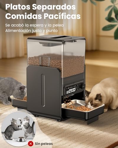 Comedouro automático para gatos para 2 gatos, 5 l/20 chávenas, com tabuleiros ajustáveis, painel de controlo removível, temporizador, comedouro automático para gatos e cães para ração seca