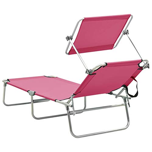 Qnotici Klappbare Sonnenliege mit Dach Gartenliege Strandliege Camping Liege Liegestuhl für Balkon Garten Terrasse Stahl Magento Rosa – Bild 2