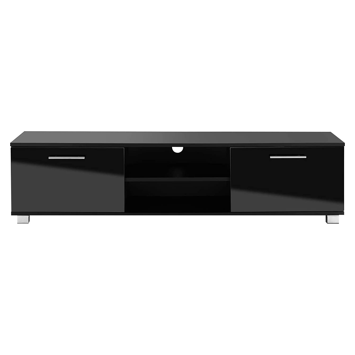 MMT Black Gloss TV Stand Cabinet 140cm for Up to 65 Inch TV, Living Room Furniture with Storage Cupboard and Open Shelving