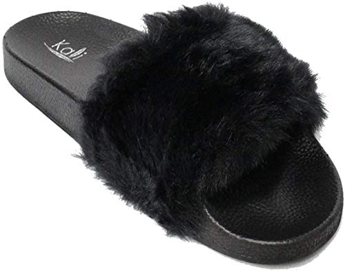black fur flip flops