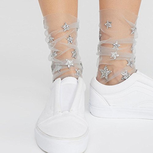 SUKEQ Lace Socks, Women Soft Glitter Lace Socks Fishnet Ankle High Socks Mesh Socks Transparent Sheer Dress Socks Hosiery Socks (Pink) (Gray)