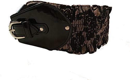 Black &amp; Gold Stretch Belt Patent Leather Look Silver Hardware