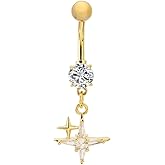 Niaspi CZ Cross Star Belly Button Ring for Women Crystal Four Pointed Star Dangle Belly Navel Piercing Barbell Dangling Body Piercing Jewelry