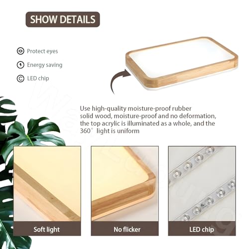 WayLuoung LED Wood Ceiling Light | 80 x 60 cm 3000-6000 K 78 W | Rectangular Natural Wood Lamp 360° Glow for Bedroom Living Room Children's Bedroom Kitchen Room (Dimmable with Remote Control)