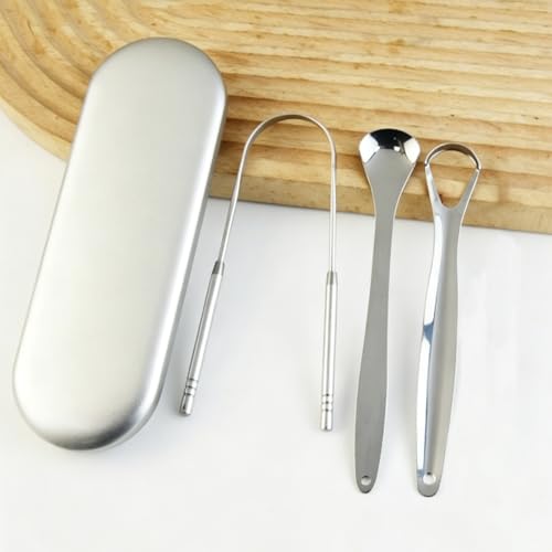 Kit 4 Raspadores de Língua em Aço Inoxidável, Elimina Mau Hálito, Antibacteriano e Higiênico, Fácil de Limpar
