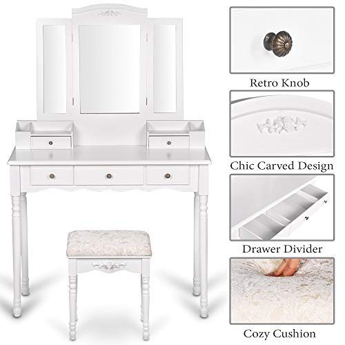 Vanity Stool Set, Make Up Table with 5 Drawers, Tri-Folding 3 Mirrors, Cushioned Stool Easy Assemble White