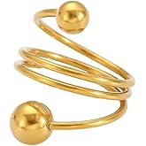 Cykdohy Double Balls Wrap Statement Layered Ring for Women Men Stainless Steel 18k Gold Plated Chunky Round Ball Fashion Knuckle Thumb Adjustable Finger Band Rings Stackable Birthday Jewelry