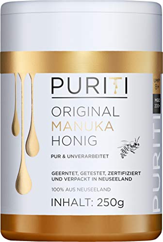 PURITI Manuka Honig MGO 200+ 250g aus Neuseeland mit zertifiziertem Methylglyoxal Gehalt - Laborgeprüft, Direktimport, reines Naturprodukt, frei von Zusatzstoffen