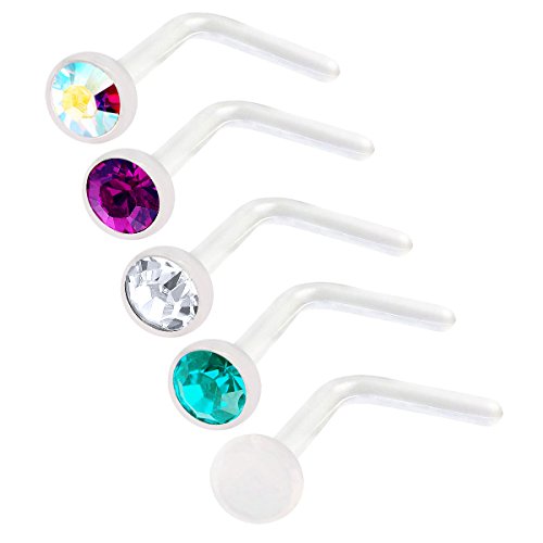 bodyjewellery 5Pcs 20g 0.8mm Nose Rings L Shaped Bioflex Clear Flexible Nostril Piercing Jewelry 2.5mm Crystal - CL AB AM BZ