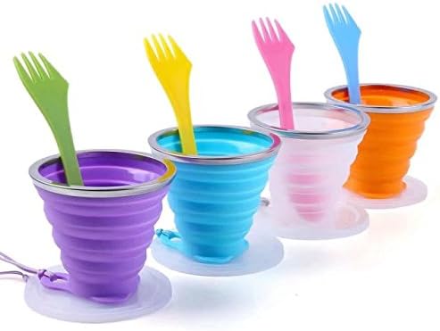 Collapsible Cup Set with 4 Sporks, Folding Cup for Coffee Water Drinking, Portable Foldable Cup with Lid for Camping Hiking Travel, Silicone BPA Free 9.22oz