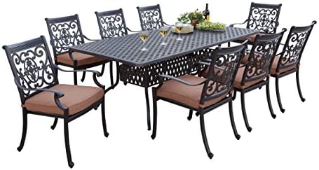 Darlee 9 Piece St. Cruz Cast Aluminum Dining Set with Spicy Chili cushions and 42'' x 84'' Rectangular Dining Table, Antique Bronze Finish