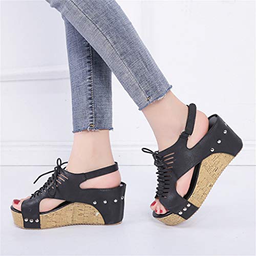 Womens Peep Toe Sandals, Wedges Platforms Shoes Beach Breathable Sandals Rome Elastic Strap Casual Slippers (9.5 B(M) US, Black) - Thumbnail 3