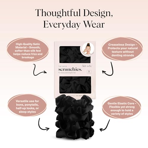 Kitsch Satin Scrunchies for Women – No Crease Hair Ties – Soft Satin Hair Scrunchies for Girls – Frizz Free, Gentle, Stylish Hair Accessories | Ideal Gifts for Women – Black, 5 pcs