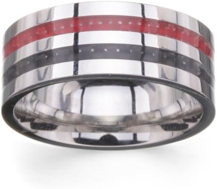 9mm High Polished Classic Flat Pipe Cut Double Row Black &amp; Red Carbon Fiber Inlay Wedding Band - Size 13