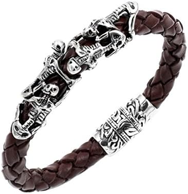 UNIQSUMBraided Genuine leather Bracelet with Stainless steel Skull charm Magnetic Clasp (Persistent Skull DB)
