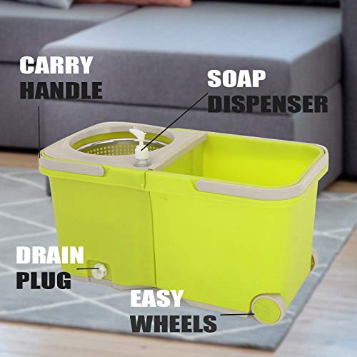 Umien Spin Mop and Bucket System - 360° Self Wringing Spinning Mop with Stackable Bucket On Wheels and 2 Machine Washable Microfiber Mop Heads - Easy to use and Store