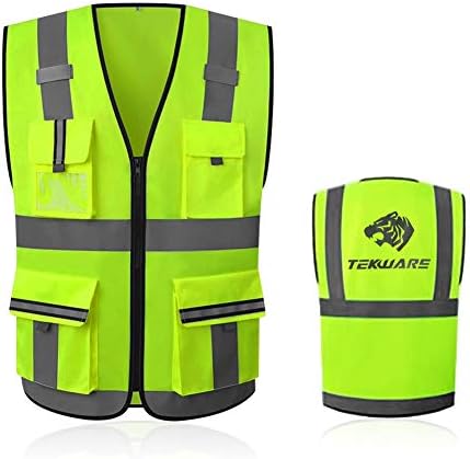 High Reflective and Breathable Safety Vest, Bright Neon Color Construction Protector with Reflective Strips and Zipper Front with Four Pockets