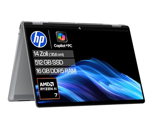 HP OmniBook X Flip 2-in-1 Laptop (14" 2K Touchscreen, AMD Ryzen AI 7, Copilot+, 16GB RAM, 512GB, Win11, QWERTZ) - Silber