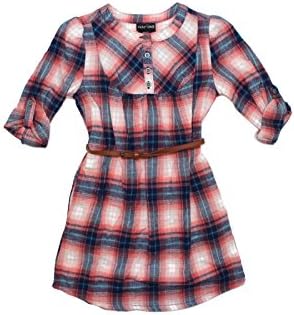 Big Girl's Roll Sleeve Plaid Flannel Shirt Dress By Paper Doll (16, Navy/Coral)