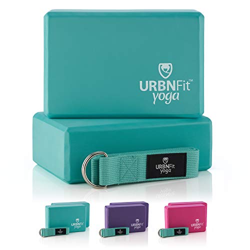 URBNFit Yoga Block – (2PC Blocks Set with Stretch Strap) – Moisture Resistant High Density EVA Foam Block – Improve Balance and Flexibility Perfect for Home or Gym – Free PDF Workout Guide (Teal)