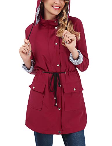 OUTAD Women's Rain Jacket Windbreaker Lightweight Waterproof Raincoats Outdoor Hooded Trench Coats Dark Red