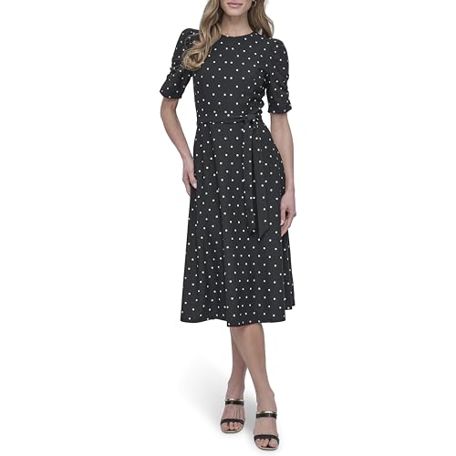 DKNY Women’s Jewel Neck Scuba Crepe Dress, Black/Ivory