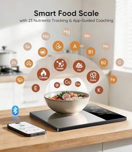 Smart Food Scale with Nutritional Calculator with 23 Nutrients Tracking&LED Display,Bluetooth Sync to Fitdays+ App,Stainless Steel,5KG Capacity,Calorie Counting for Calorie Control&Fitness Goal,Silver