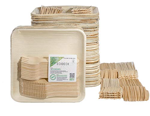 300 PCS Eco Friendly Disposable Dinnerware Set - 100 Palm Leaf Compostable 8" Plates w/Wooden Cutlery - 100 Forks 100 Knives for Party