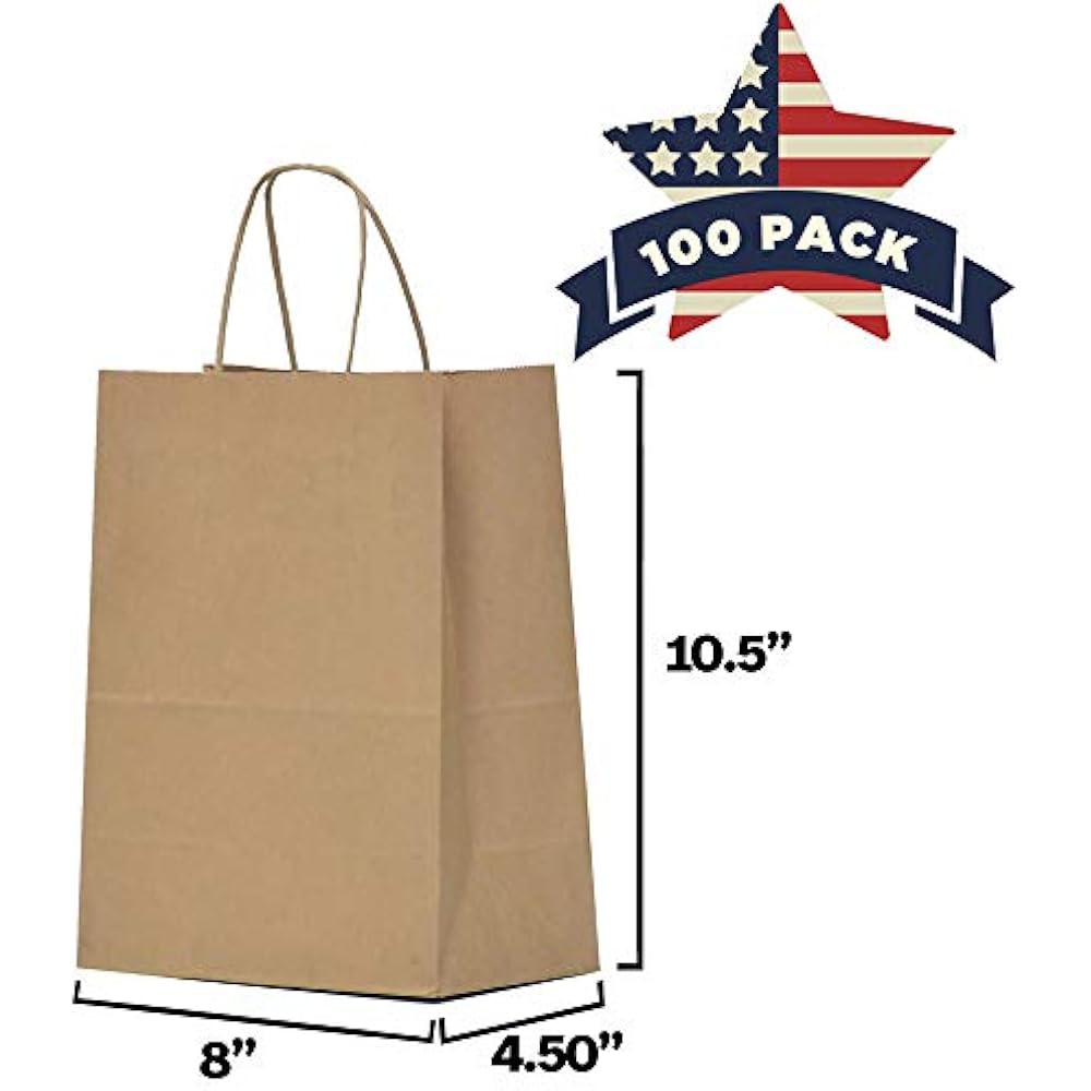 Kraft Paper Bags With Handles Bulk 8x4.5x10.5 100 Pcs Brown Gift Medium