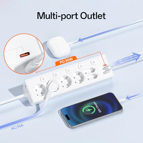 Power Strip with USB, 6 Sockets and 3 USB, PD 30 W Power Strip with Surge Protection, 2 m Electric Power Strip with Switch for Desk, Office, Home